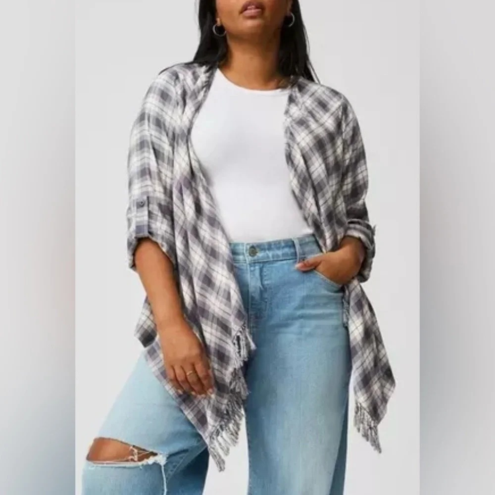 Plaid Fringe Shawl Cardigan